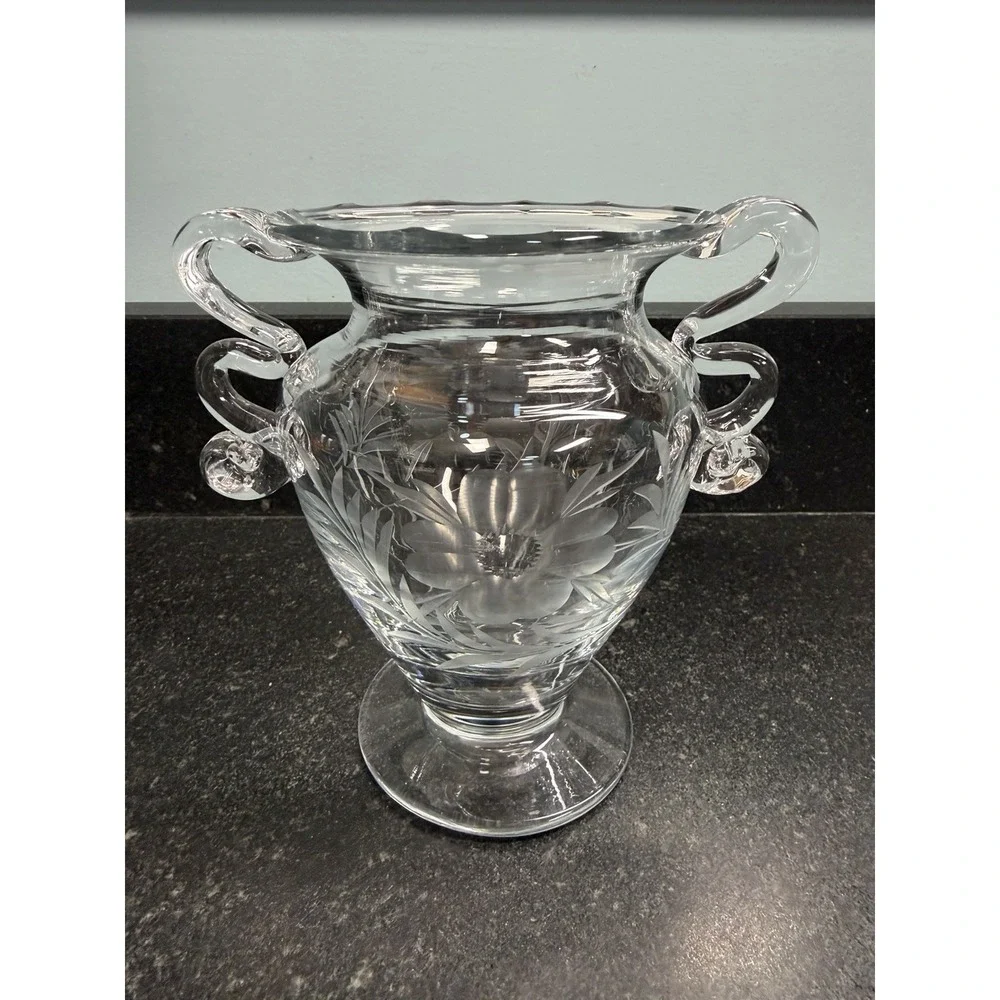 Vintage Bohemian Czech Hand Blown Etched Crystal Vase Urn 4 Handles 6.5
